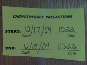 The last chemo precaution sign. This indicates the time of the administration and how long we need to properly dispose of diapers and so forth (48 hours after the drug has finished being administered).